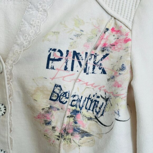 VTG Crisca Button Front White Trucker Jacket Flower Design Lace Trim  M - Picture 6 of 16